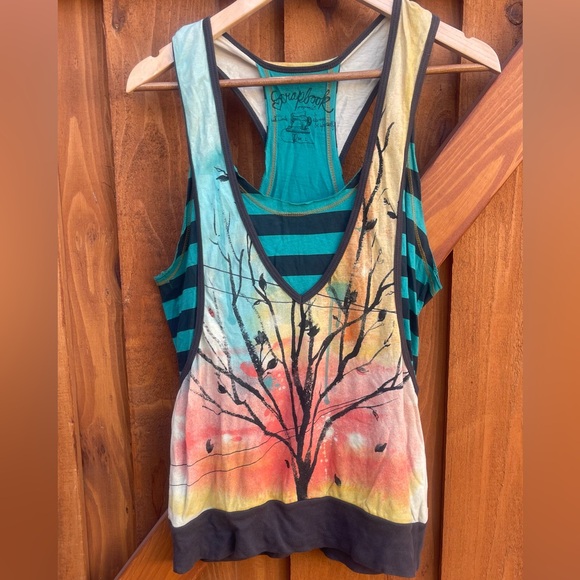 Scrapbook Tops - Scrapbook Tank Top Layered Halter Muscle Tee Striped Tree Branch Boho Bohemian S